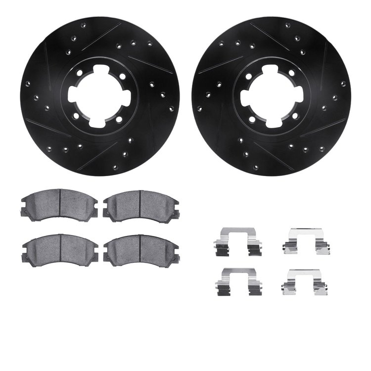 8312-13005 Drilled/Slotted Brake Rotors with 3000-Series Ceramic Brake Pads Kit & Hardware [Black], 1985-1994 Subaru, Position: 