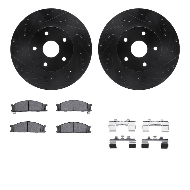 8312-13010 Drilled/Slotted Brake Rotors with 3000-Series Ceramic Brake Pads Kit & Hardware [Black], 1992-1997 Subaru, Position: 