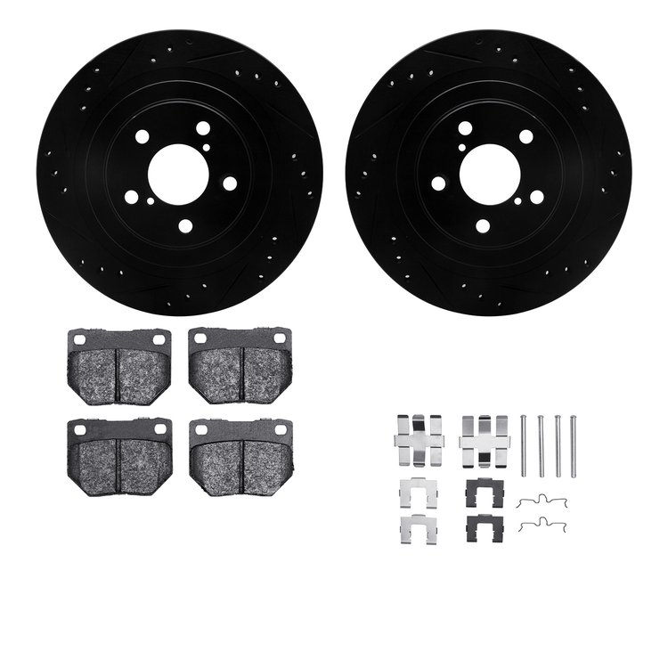 8312-13011 Drilled/Slotted Brake Rotors with 3000-Series Ceramic Brake Pads Kit & Hardware [Black], 2006-2007 Subaru, Position: 