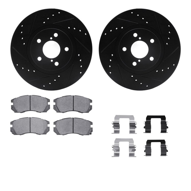 8312-13019 Drilled/Slotted Brake Rotors with 3000-Series Ceramic Brake Pads Kit & Hardware [Black], 1990-1996 Subaru, Position: 