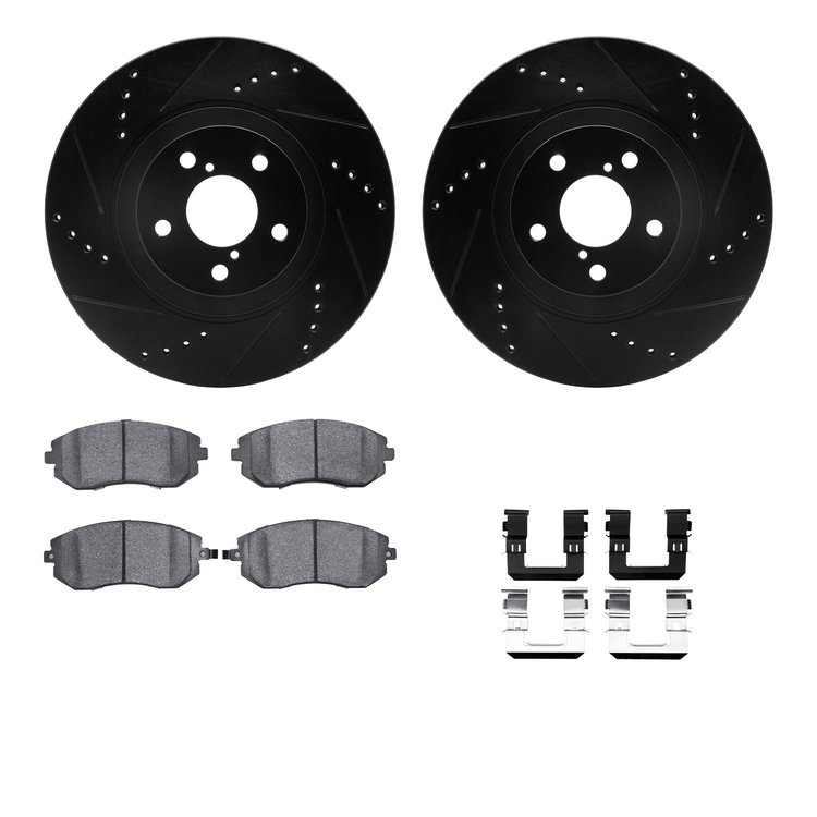 8312-13029 Drilled/Slotted Brake Rotors with 3000-Series Ceramic Brake Pads Kit & Hardware [Black], 2004-2012 Subaru, Position: 