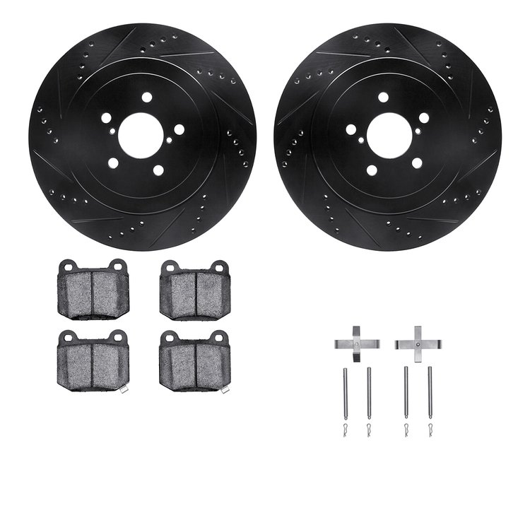 8312-13030 Drilled/Slotted Brake Rotors with 3000-Series Ceramic Brake Pads Kit & Hardware [Black], 2003-2004 Subaru, Position: 