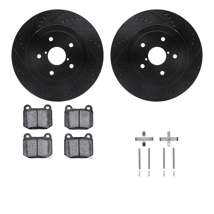 8312-13031 Drilled/Slotted Brake Rotors with 3000-Series Ceramic Brake Pads Kit & Hardware [Black], 2005-2007 Subaru, Position: 