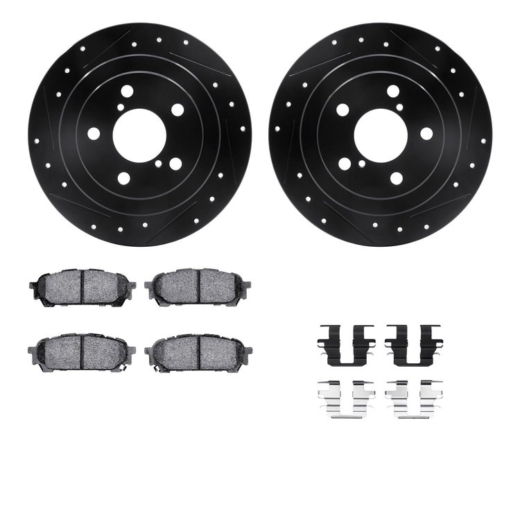 8312-13036 Drilled/Slotted Brake Rotors with 3000-Series Ceramic Brake Pads Kit & Hardware [Black], 2003-2008 GM, Position: Rear