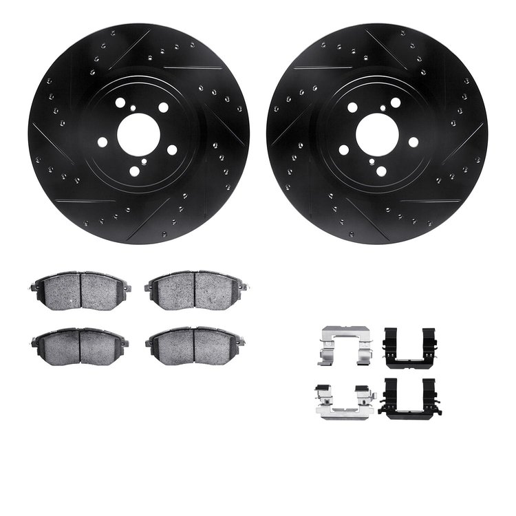 8312-13037 Drilled/Slotted Brake Rotors with 3000-Series Ceramic Brake Pads Kit & Hardware [Black], 2005-2018 Subaru, Position: 