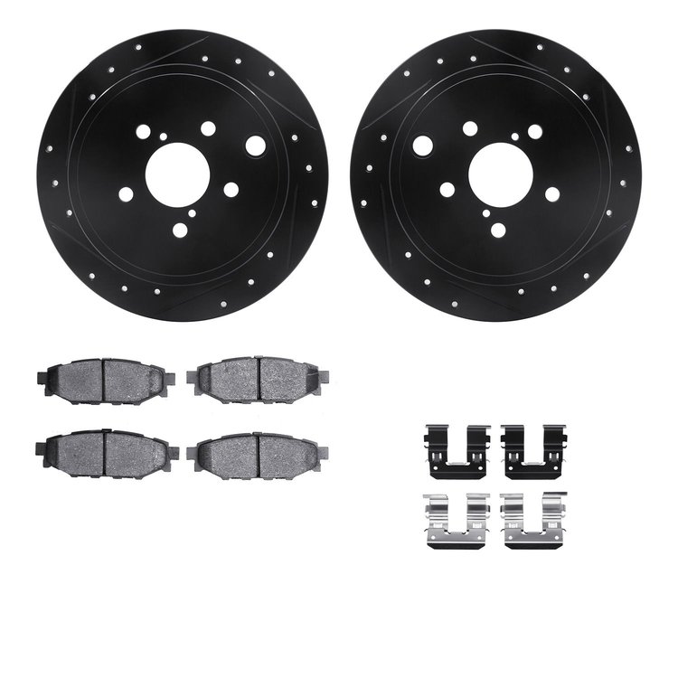 8312-13041 Drilled/Slotted Brake Rotors with 3000-Series Ceramic Brake Pads Kit & Hardware [Black], 2008-2015 Subaru, Position: 