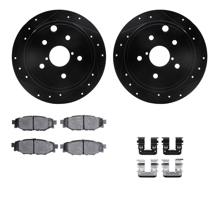 8312-13042 Drilled/Slotted Brake Rotors with 3000-Series Ceramic Brake Pads Kit & Hardware [Black], 2015-2021 Subaru, Position: 