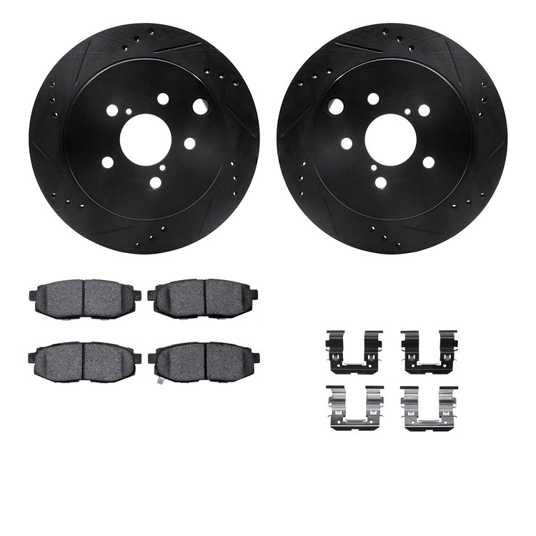 8312-13045 Drilled/Slotted Brake Rotors with 3000-Series Ceramic Brake Pads Kit & Hardware [Black], 2014-2018 Subaru, Position: 