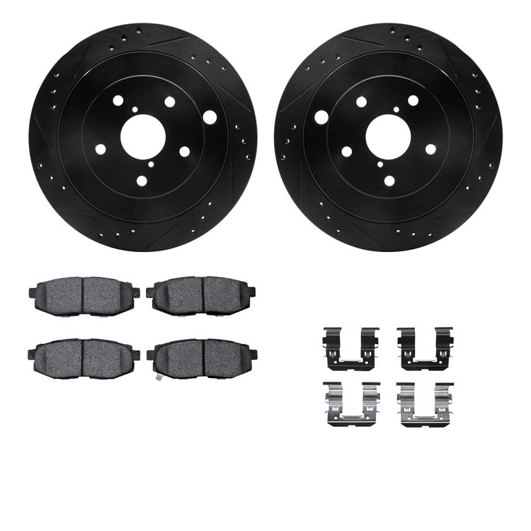 8312-13046 Drilled/Slotted Brake Rotors with 3000-Series Ceramic Brake Pads Kit & Hardware [Black], 2006-2014 Subaru, Position: 
