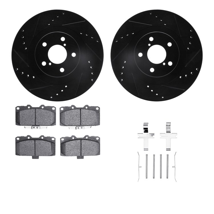 8312-13047 Drilled/Slotted Brake Rotors with 3000-Series Ceramic Brake Pads Kit & Hardware [Black], 2006-2007 Subaru, Position: 