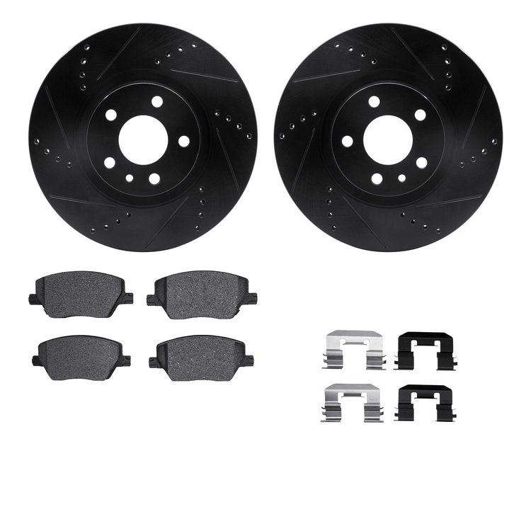 8312-16009 Drilled/Slotted Brake Rotors with 3000-Series Ceramic Brake Pads Kit & Hardware [Black], 2017-2020 Mopar, Position: F