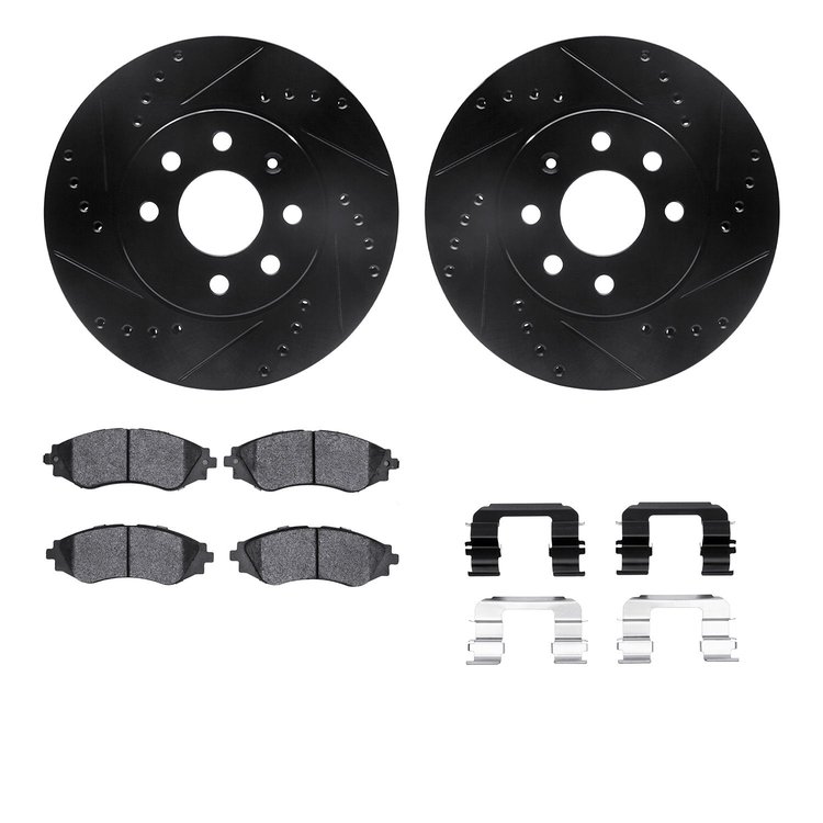 8312-18006 Drilled/Slotted Brake Rotors with 3000-Series Ceramic Brake Pads Kit & Hardware [Black], 2000-2002 GM, Position: Fron