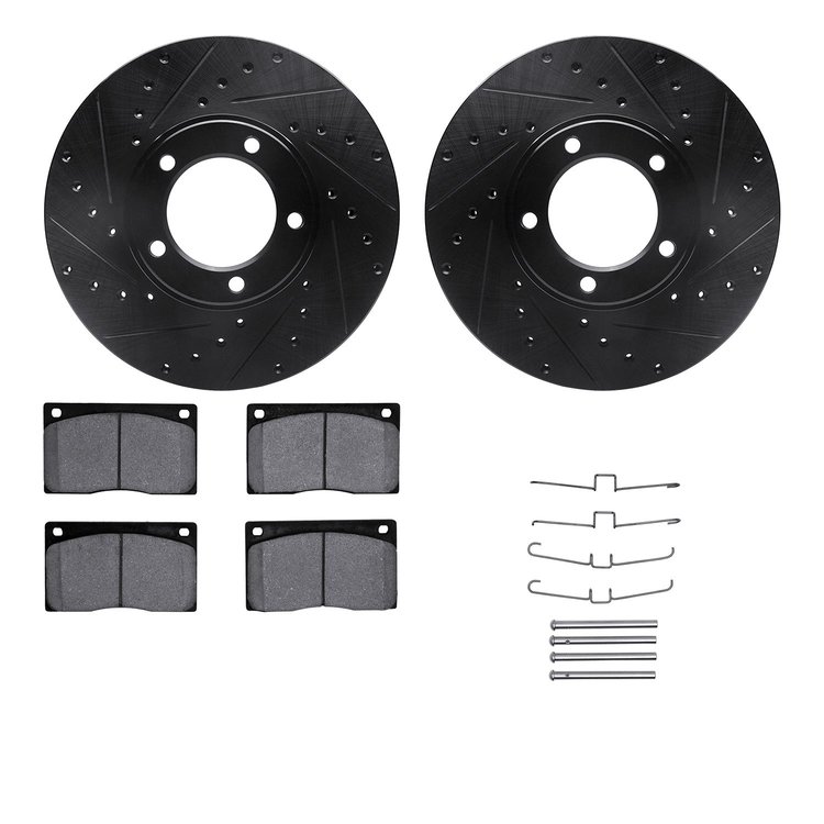 8312-20002 Drilled/Slotted Brake Rotors with 3000-Series Ceramic Brake Pads Kit & Hardware [Black], 1973-1997 Jaguar, Position: 