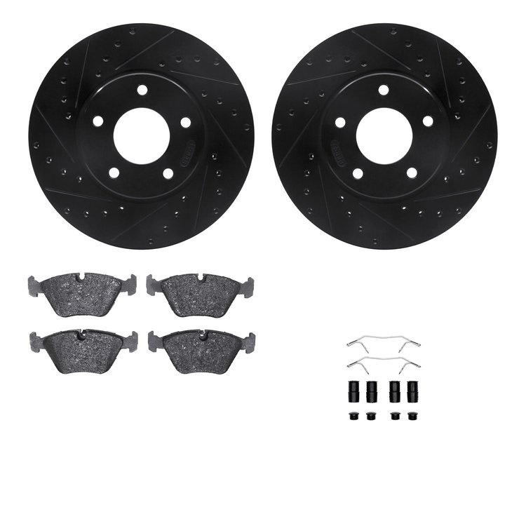 8312-20004 Drilled/Slotted Brake Rotors with 3000-Series Ceramic Brake Pads Kit & Hardware [Black], 1997-2003 Jaguar, Position: 