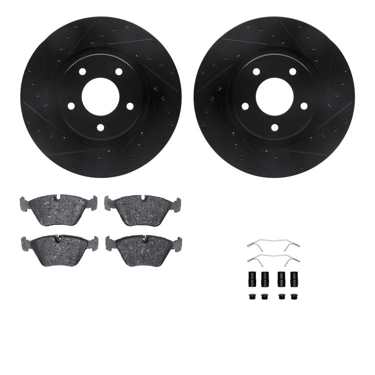 8312-20005 Drilled/Slotted Brake Rotors with 3000-Series Ceramic Brake Pads Kit & Hardware [Black], 1998-2006 Jaguar, Position: 