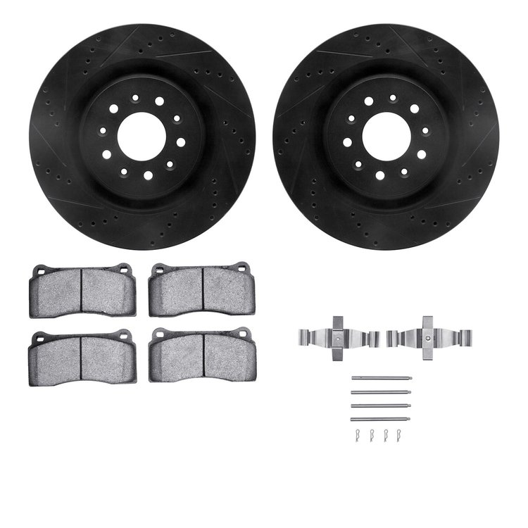 8312-20012 Drilled/Slotted Brake Rotors with 3000-Series Ceramic Brake Pads Kit & Hardware [Black], 2000-2006 Jaguar, Position: 