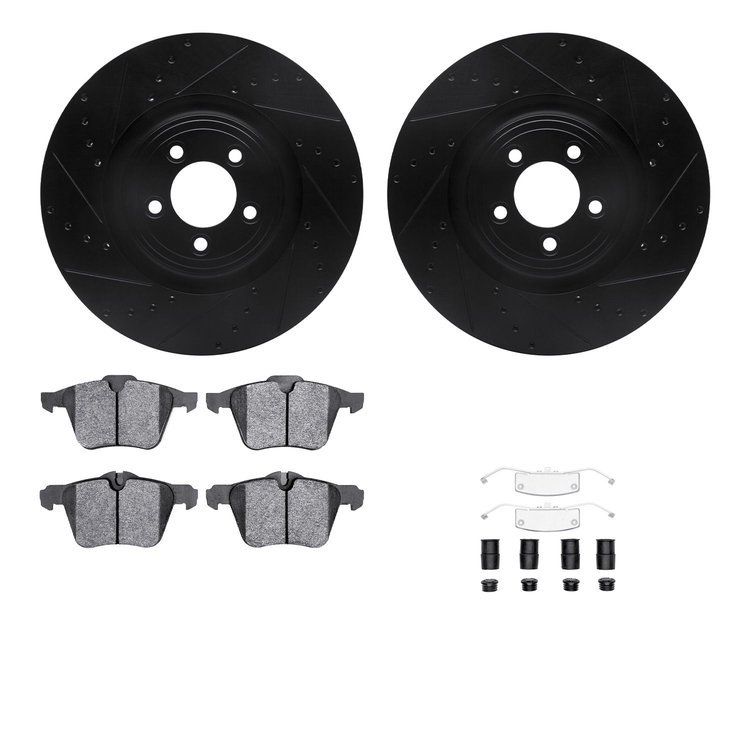 8312-20016 Drilled/Slotted Brake Rotors with 3000-Series Ceramic Brake Pads Kit & Hardware [Black], 2010-2019 Jaguar, Position: 