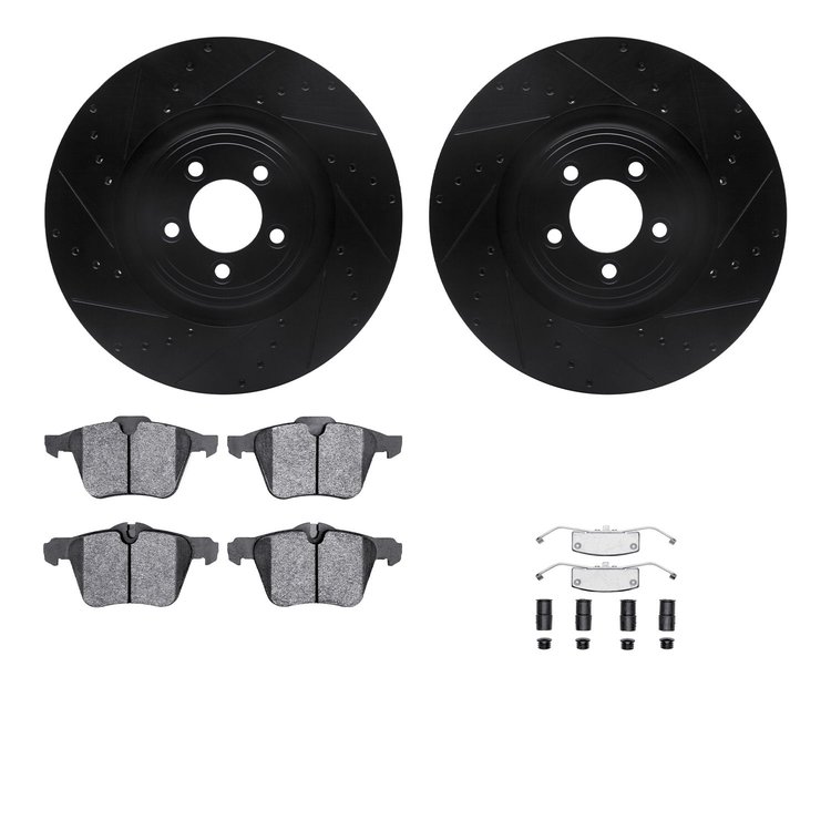 8312-20017 Drilled/Slotted Brake Rotors with 3000-Series Ceramic Brake Pads Kit & Hardware [Black], 2009-2015 Jaguar, Position: 