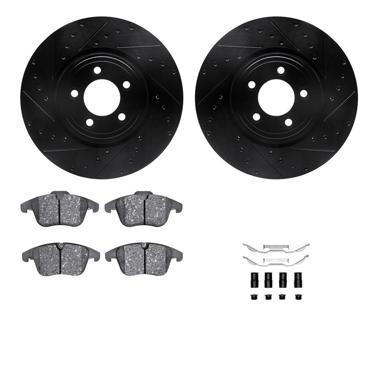 8312-20018 Drilled/Slotted Brake Rotors with 3000-Series Ceramic Brake Pads Kit & Hardware [Black], 2006-2010 Jaguar, Position: 