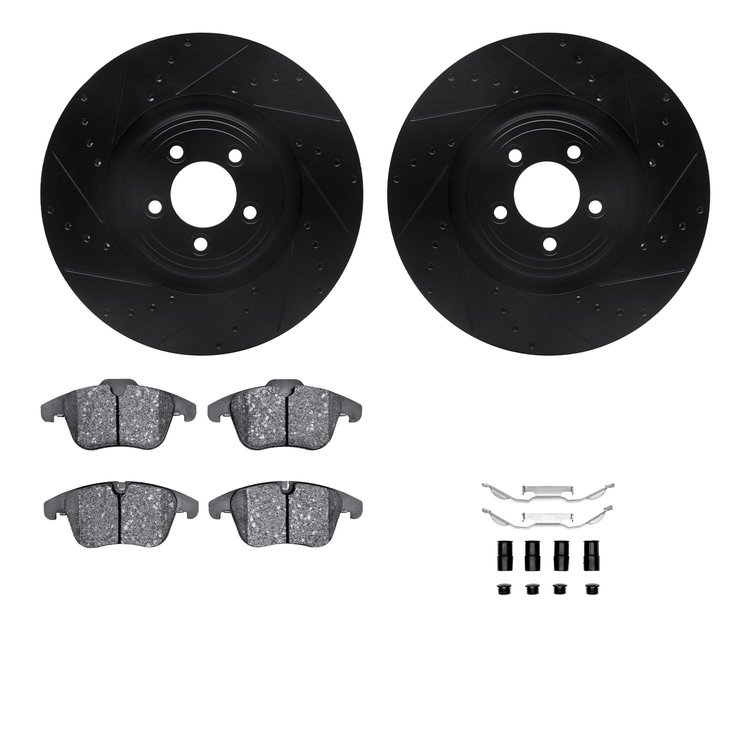 8312-20019 Drilled/Slotted Brake Rotors with 3000-Series Ceramic Brake Pads Kit & Hardware [Black], 2013-2015 Jaguar, Position: 