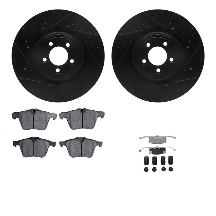 8312-20021 Drilled/Slotted Brake Rotors with 3000-Series Ceramic Brake Pads Kit & Hardware [Black], 2013-2021 Jaguar, Position: 
