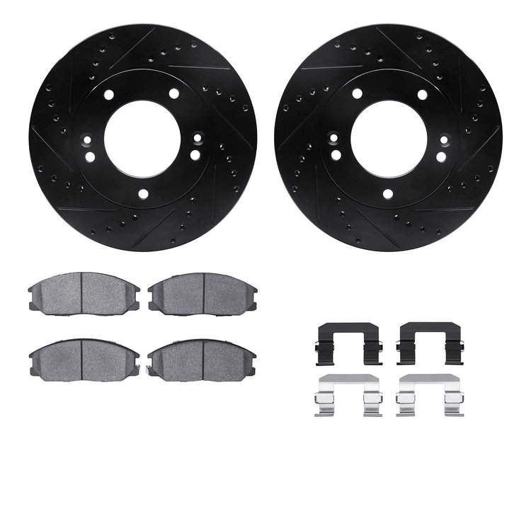 8312-21009 Drilled/Slotted Brake Rotors with 3000-Series Ceramic Brake Pads Kit & Hardware [Black], 2003-2006 Kia/Hyundai/Genesi