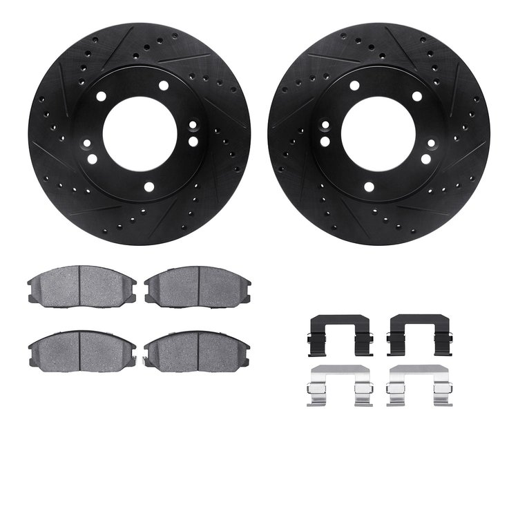 8312-21011 Drilled/Slotted Brake Rotors with 3000-Series Ceramic Brake Pads Kit & Hardware [Black], 2007-2009 Kia/Hyundai/Genesi