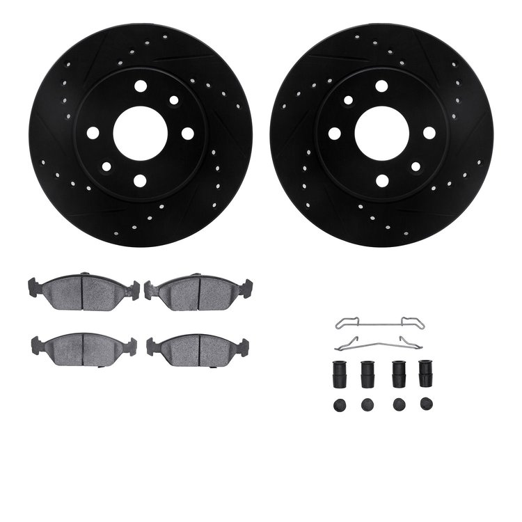 8312-21018 Drilled/Slotted Brake Rotors with 3000-Series Ceramic Brake Pads Kit & Hardware [Black], 1994-2000 Kia/Hyundai/Genesi