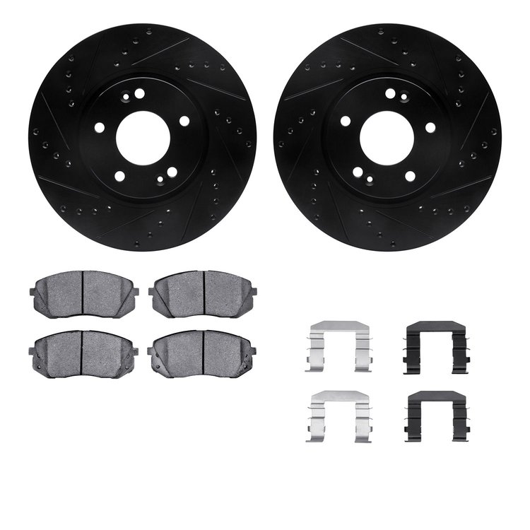 8312-21025 Drilled/Slotted Brake Rotors with 3000-Series Ceramic Brake Pads Kit & Hardware [Black], 2012-2016 Kia/Hyundai/Genesi