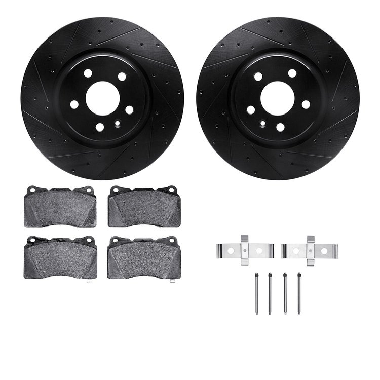 8312-26001 Drilled/Slotted Brake Rotors with 3000-Series Ceramic Brake Pads Kit & Hardware [Black], 2014-2021 Tesla, Position: F