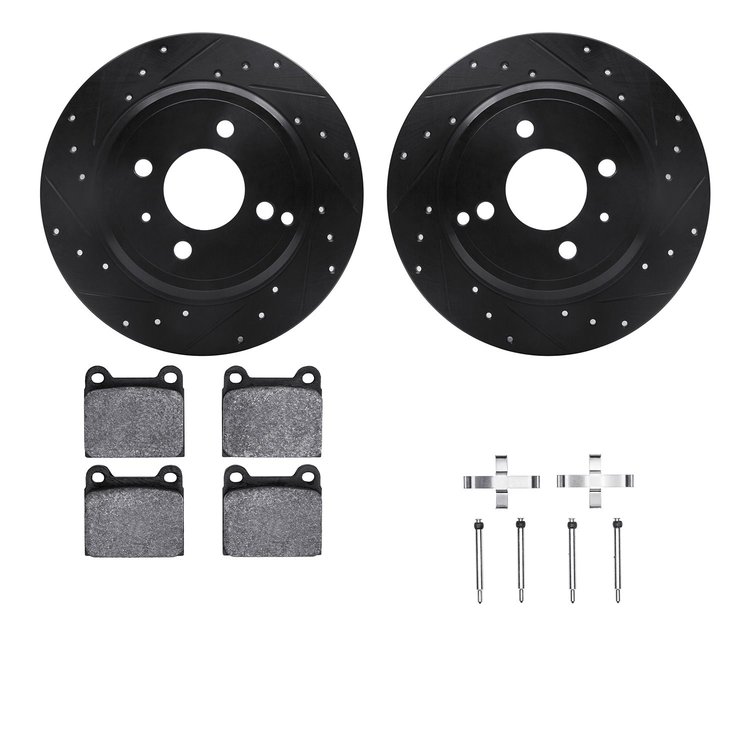 8312-27002 Drilled/Slotted Brake Rotors with 3000-Series Ceramic Brake Pads Kit & Hardware [Black], 1993-1995 Volvo, Position: R
