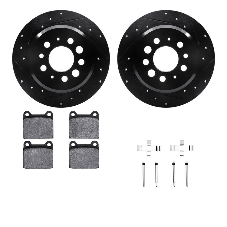 8312-27004 Drilled/Slotted Brake Rotors with 3000-Series Ceramic Brake Pads Kit & Hardware [Black], 1967-1974 Volvo, Position: R
