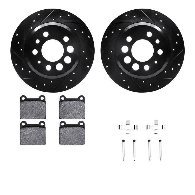 8312-27005 Drilled/Slotted Brake Rotors with 3000-Series Ceramic Brake Pads Kit & Hardware [Black], 1974-1975 Volvo, Position: R
