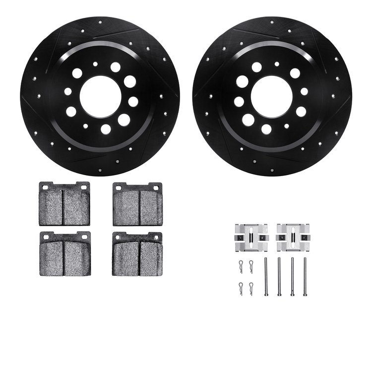 8312-27014 Drilled/Slotted Brake Rotors with 3000-Series Ceramic Brake Pads Kit & Hardware [Black], 1967-1974 Volvo, Position: R