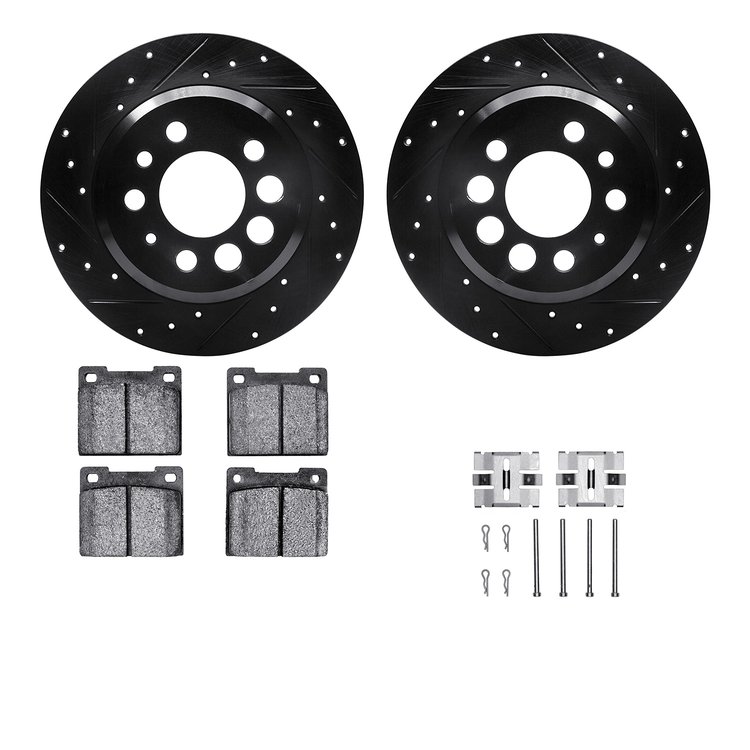 8312-27015 Drilled/Slotted Brake Rotors with 3000-Series Ceramic Brake Pads Kit & Hardware [Black], 1975-1987 Volvo, Position: R