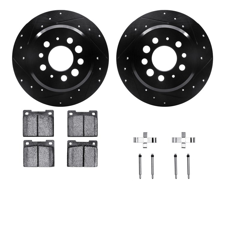 8312-27016 Drilled/Slotted Brake Rotors with 3000-Series Ceramic Brake Pads Kit & Hardware [Black], 1969-1971 Volvo, Position: R