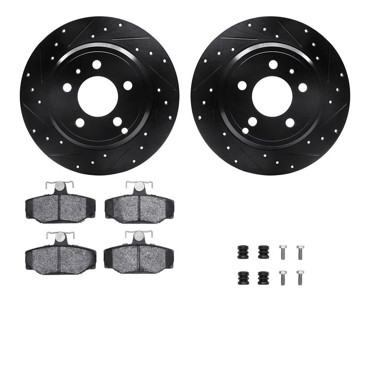 8312-27027 Drilled/Slotted Brake Rotors with 3000-Series Ceramic Brake Pads Kit & Hardware [Black], 1996-1997 Volvo, Position: R