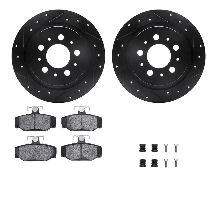 8312-27029 Drilled/Slotted Brake Rotors with 3000-Series Ceramic Brake Pads Kit & Hardware [Black], 1997-1998 Volvo, Position: R