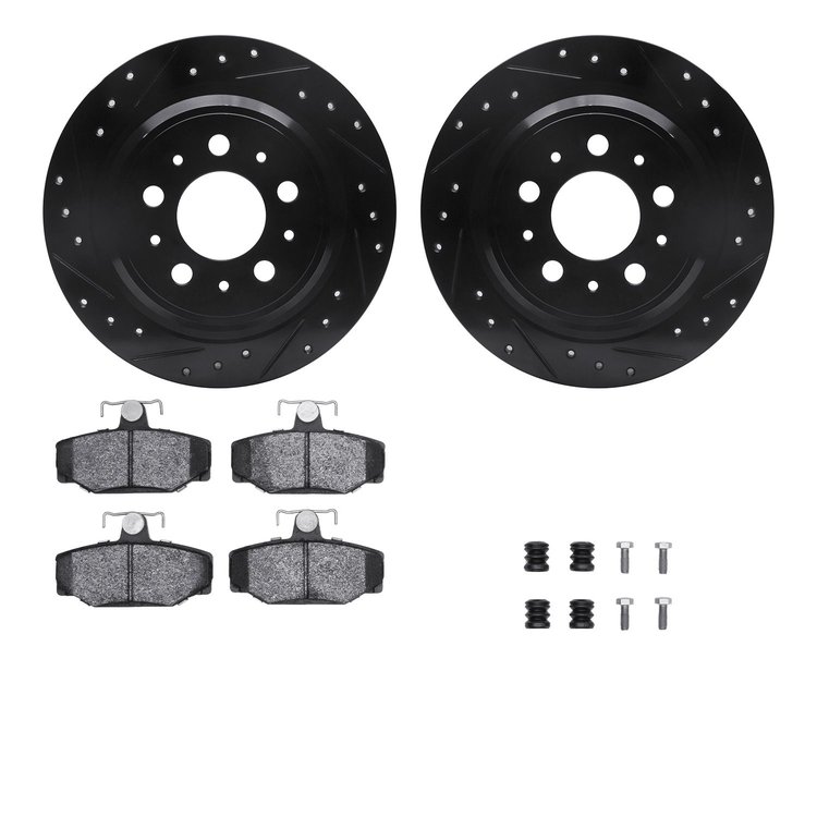 8312-27030 Drilled/Slotted Brake Rotors with 3000-Series Ceramic Brake Pads Kit & Hardware [Black], 1998-2000 Volvo, Position: R
