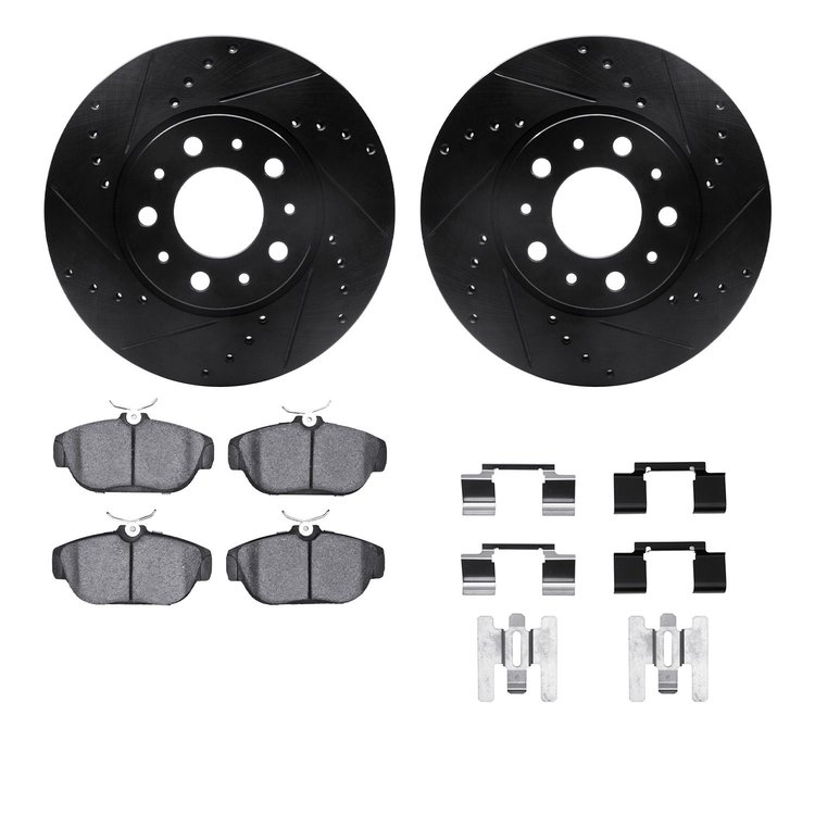 8312-27035 Drilled/Slotted Brake Rotors with 3000-Series Ceramic Brake Pads Kit & Hardware [Black], 1991-1995 Volvo, Position: F