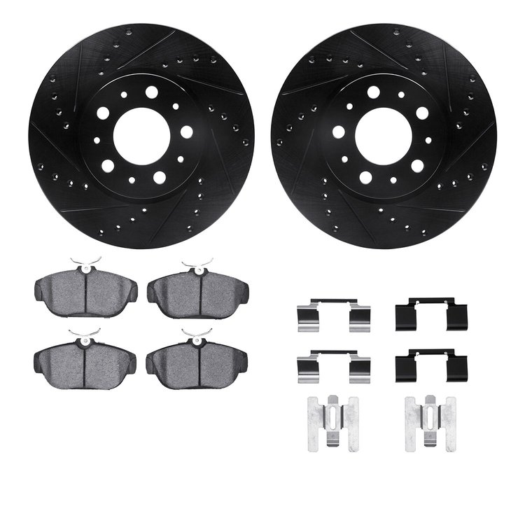 8312-27036 Drilled/Slotted Brake Rotors with 3000-Series Ceramic Brake Pads Kit & Hardware [Black], 1995-1998 Volvo, Position: F