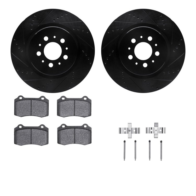 8312-27043 Drilled/Slotted Brake Rotors with 3000-Series Ceramic Brake Pads Kit & Hardware [Black], 2004-2007 Volvo, Position: R