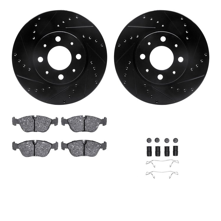 8312-27044 Drilled/Slotted Brake Rotors with 3000-Series Ceramic Brake Pads Kit & Hardware [Black], 1993-1995 Volvo, Position: F