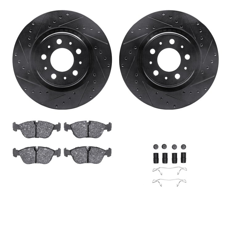 8312-27046 Drilled/Slotted Brake Rotors with 3000-Series Ceramic Brake Pads Kit & Hardware [Black], 1998-2004 Volvo, Position: F