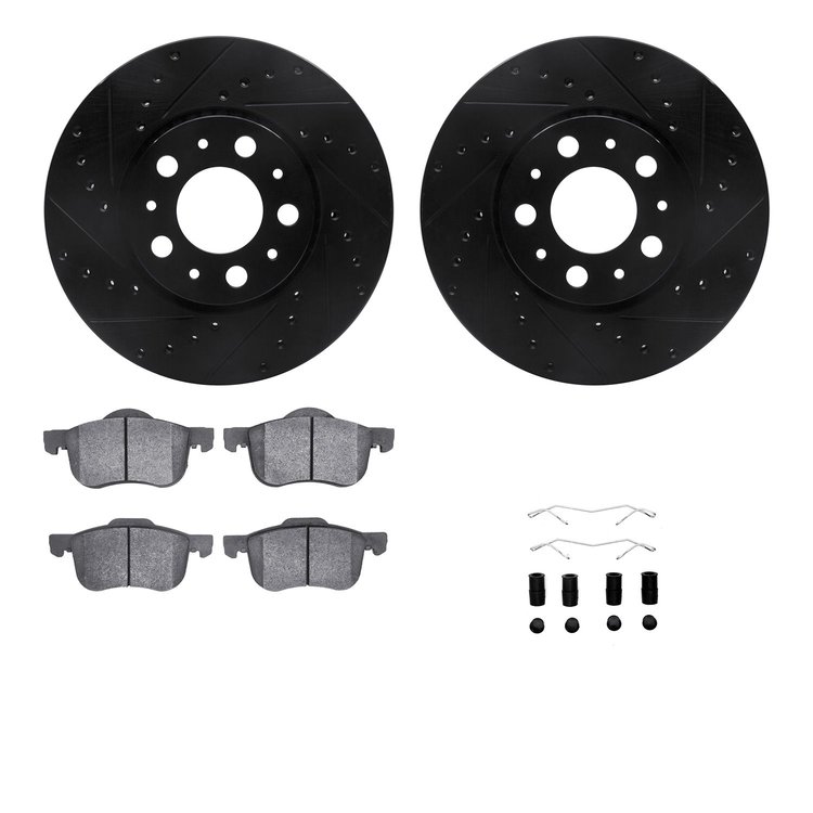 8312-27048 Drilled/Slotted Brake Rotors with 3000-Series Ceramic Brake Pads Kit & Hardware [Black], 1999-2009 Volvo, Position: F