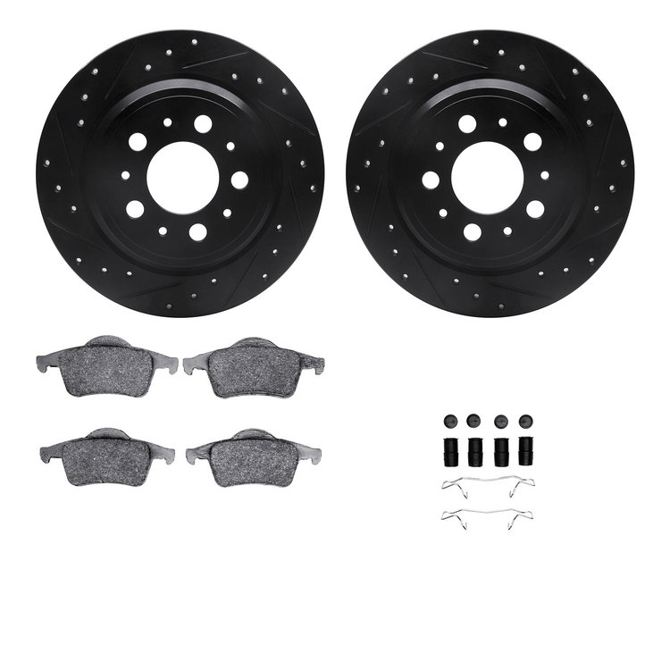 8312-27049 Drilled/Slotted Brake Rotors with 3000-Series Ceramic Brake Pads Kit & Hardware [Black], 1999-2009 Volvo, Position: R