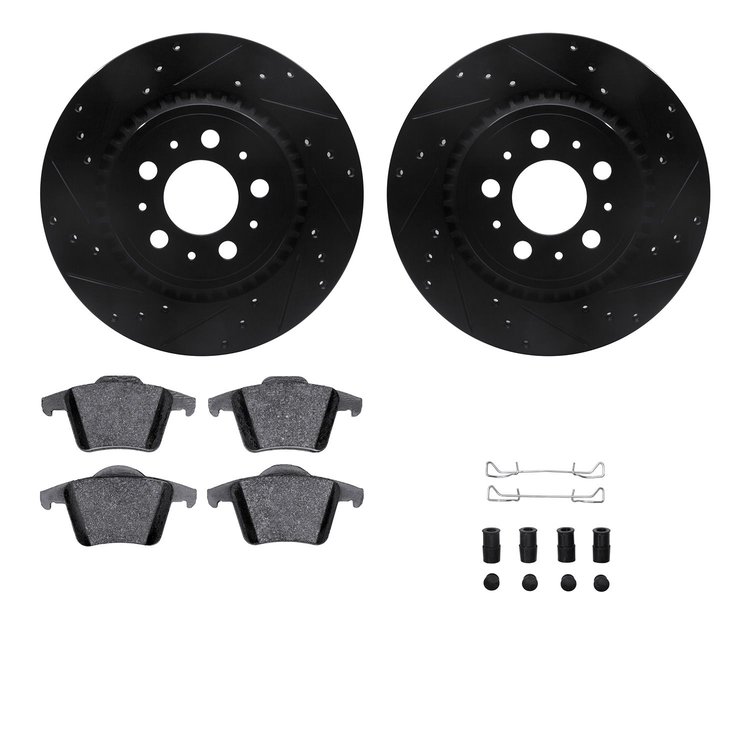 8312-27053 Drilled/Slotted Brake Rotors with 3000-Series Ceramic Brake Pads Kit & Hardware [Black], 2003-2014 Volvo, Position: R
