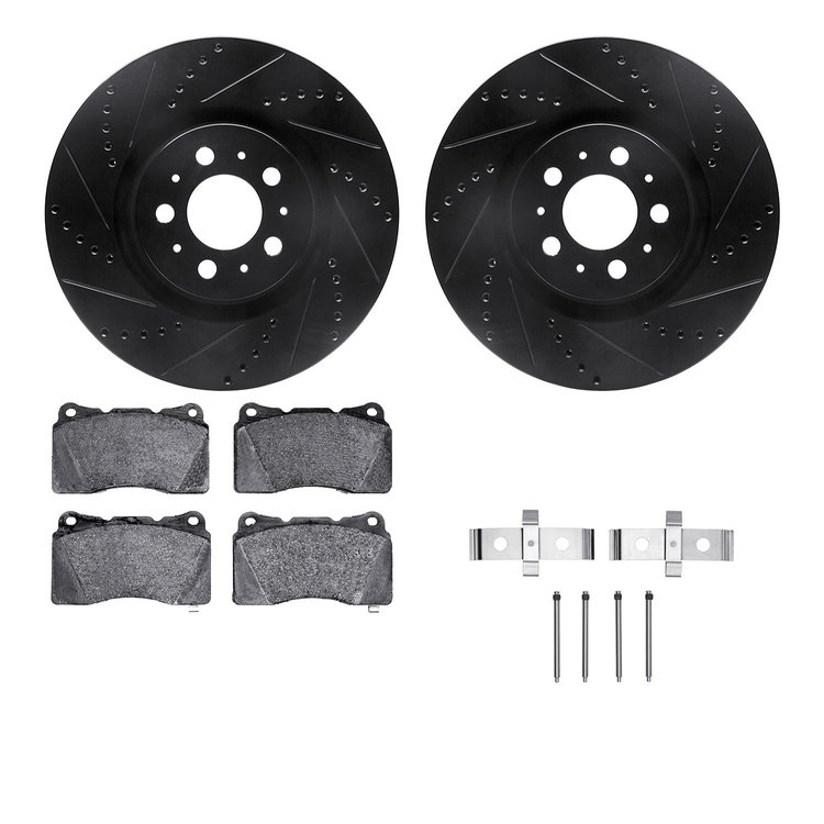 8312-27054 Drilled/Slotted Brake Rotors with 3000-Series Ceramic Brake Pads Kit & Hardware [Black], 2004-2007 Volvo, Position: F