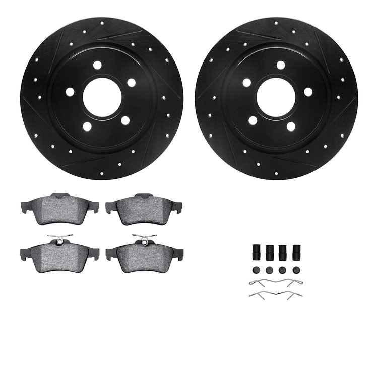 8312-27056 Drilled/Slotted Brake Rotors with 3000-Series Ceramic Brake Pads Kit & Hardware [Black], 2004-2013 Volvo, Position: R