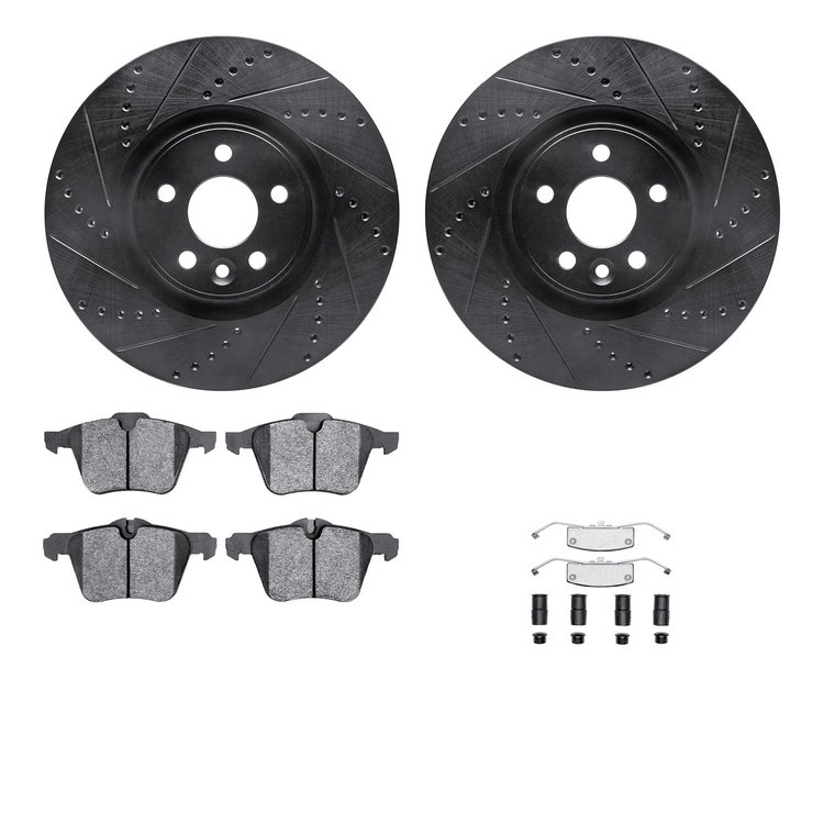 8312-27057 Drilled/Slotted Brake Rotors with 3000-Series Ceramic Brake Pads Kit & Hardware [Black], 2007-2016 Volvo, Position: F